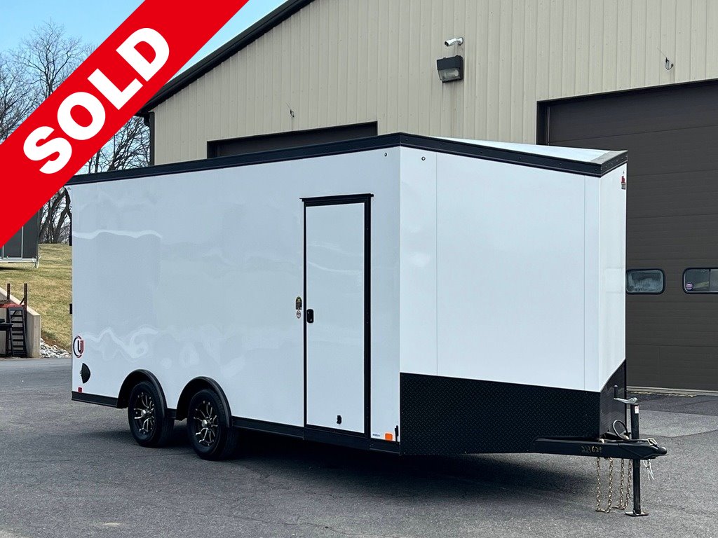8.5' X 18' United UJ V-Nose Auto / ATV / UTV / Moto Hauler Ramp Door Enclosed Cargo Trailer